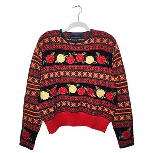 Vintage Herman Geist Floral Hand Embroidered Knit Sweater | Size Medium